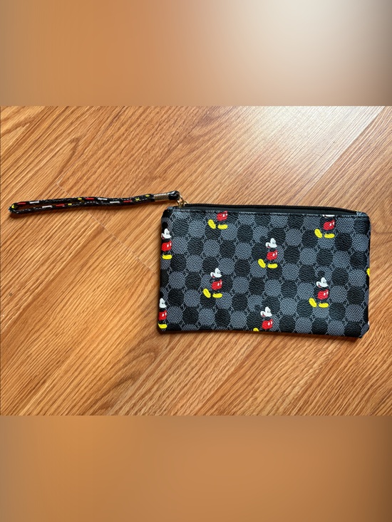 Handbags - Mickey Print Checkered Wristlet Wallet - Black with Red & Yellow Accents